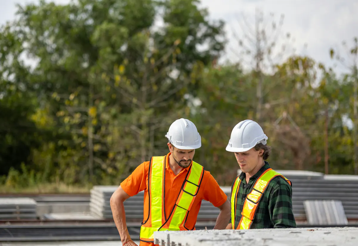 Deux responsables de terrain examinent un plan d’intervention sur site.