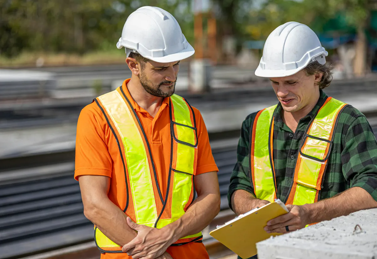 Deux ingénieurs de chantier confrontent leurs constats sur une tablette.