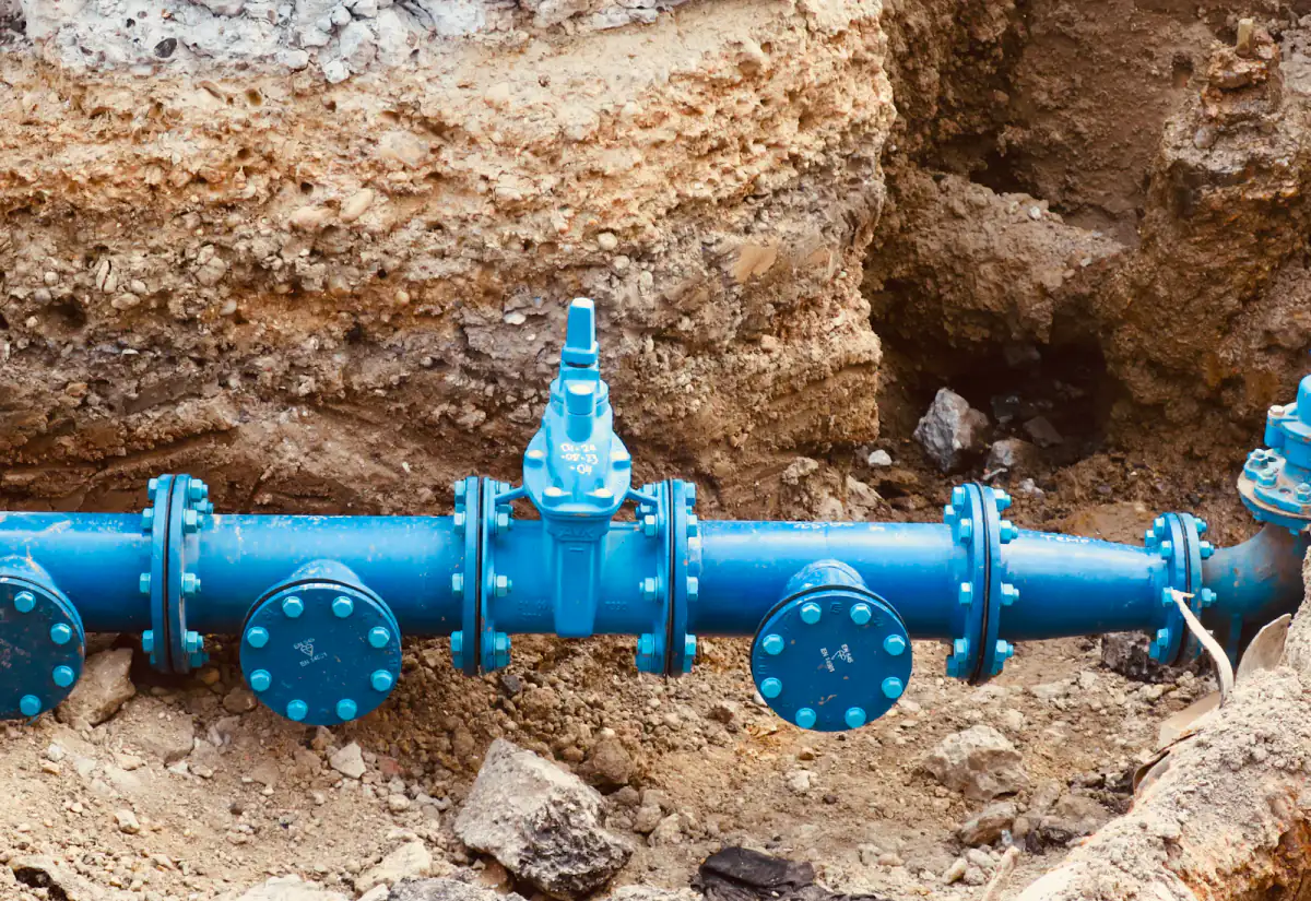 Une conduite bleue de grand diamètre installée sur un chantier de réseau.